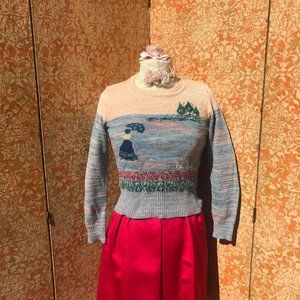 70s Novelty Sweater Victorian Lady Pullover XS